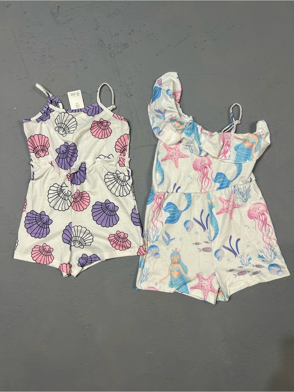 White Rompers with Pink & Purple Seashells and Blue Mermaid Print 4-5T NWT
